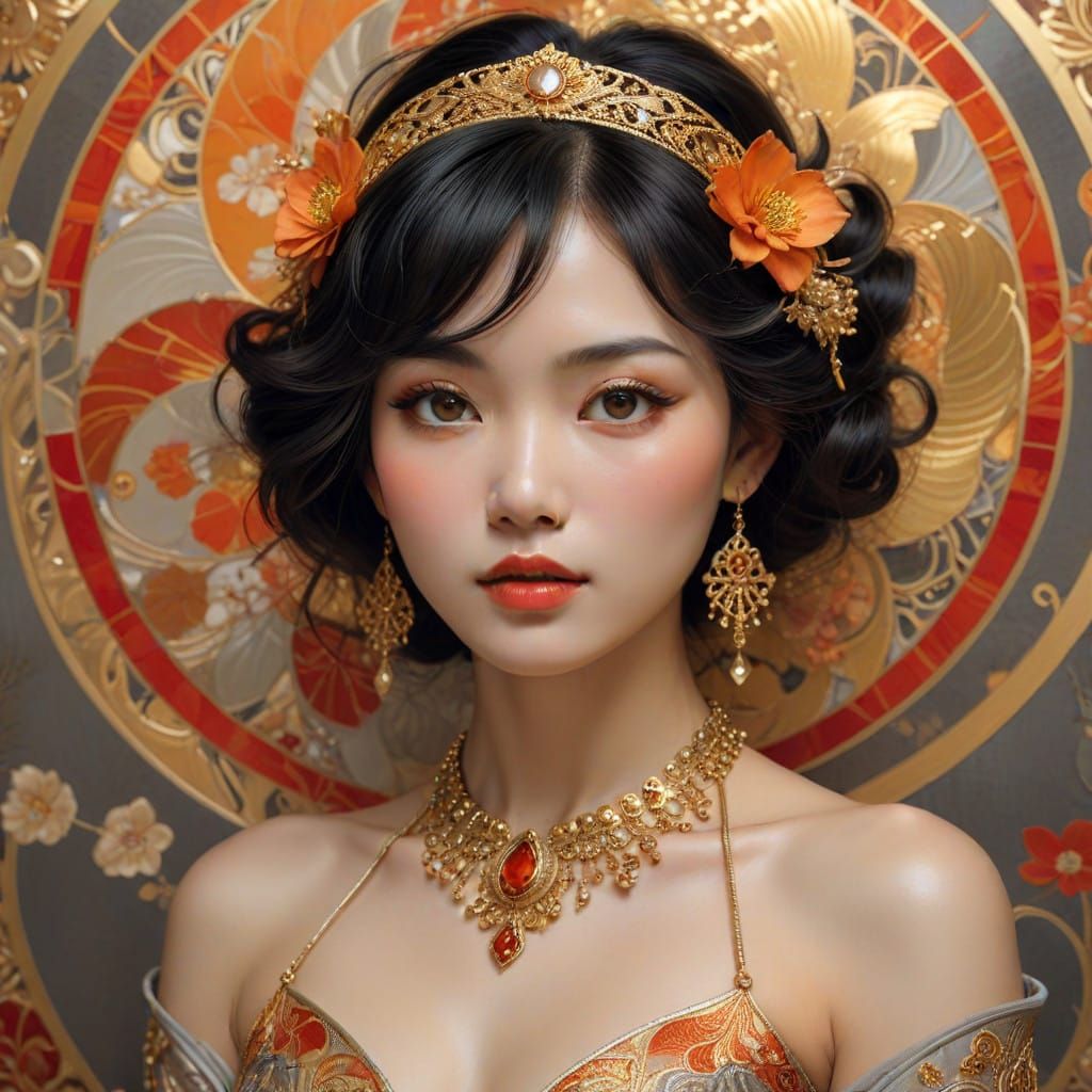 Ethereal East Asian Beauty in Golden Attire