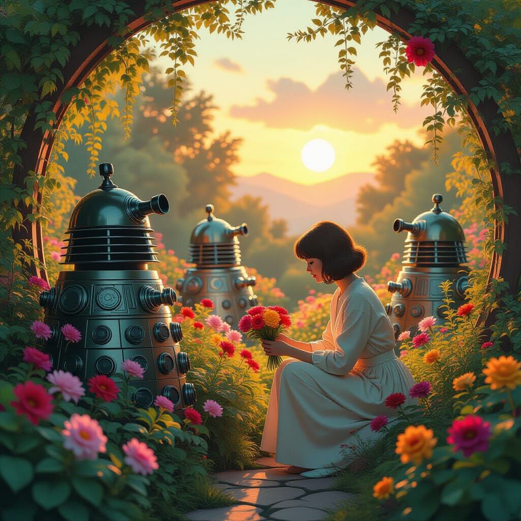 Surreal Garden with Dalek Planters in Ghibli Style