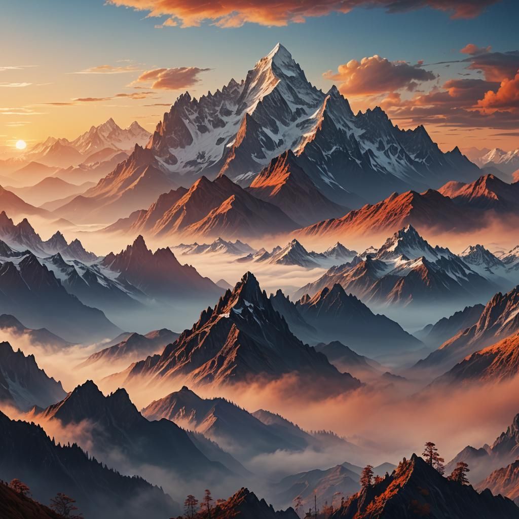 Majestic Mountain Range at Sunset: Digital Matte Painting