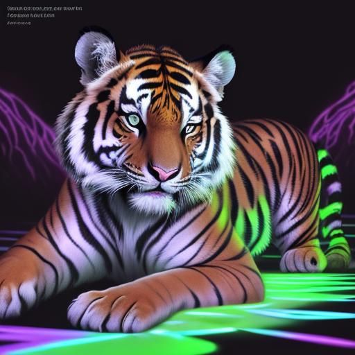 Vibrant Blacklight Art: Tiger Cubs in Fluorescent Colors