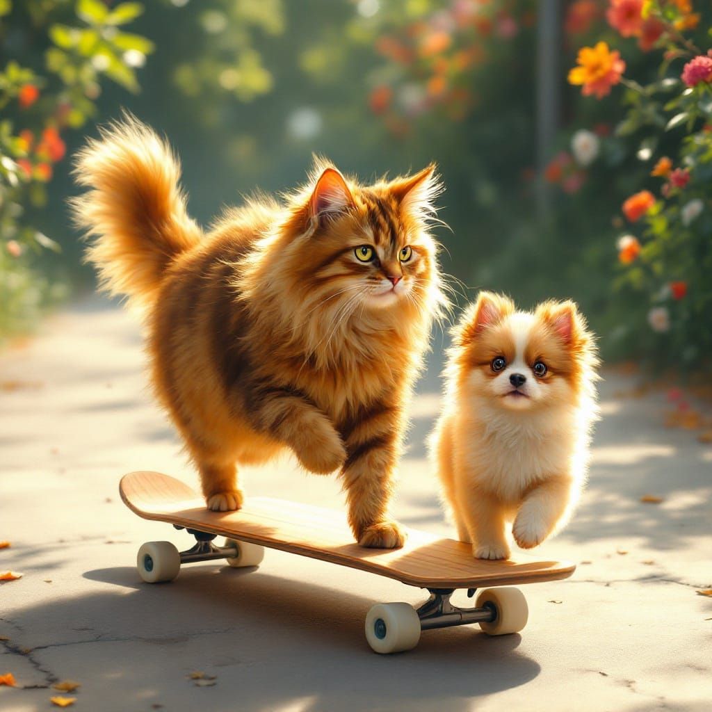 Cat on Skateboard in a Whimsical Summer Scene