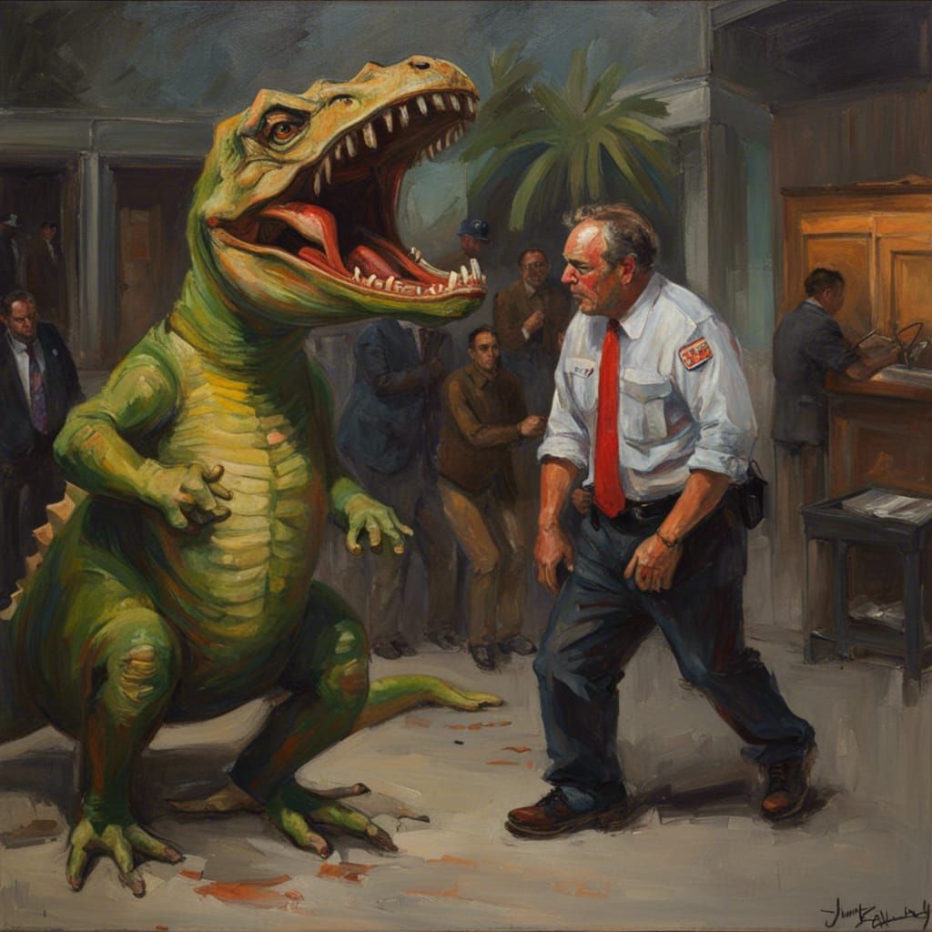 Florida Man Dinosaur Costume: An Oil Painting
