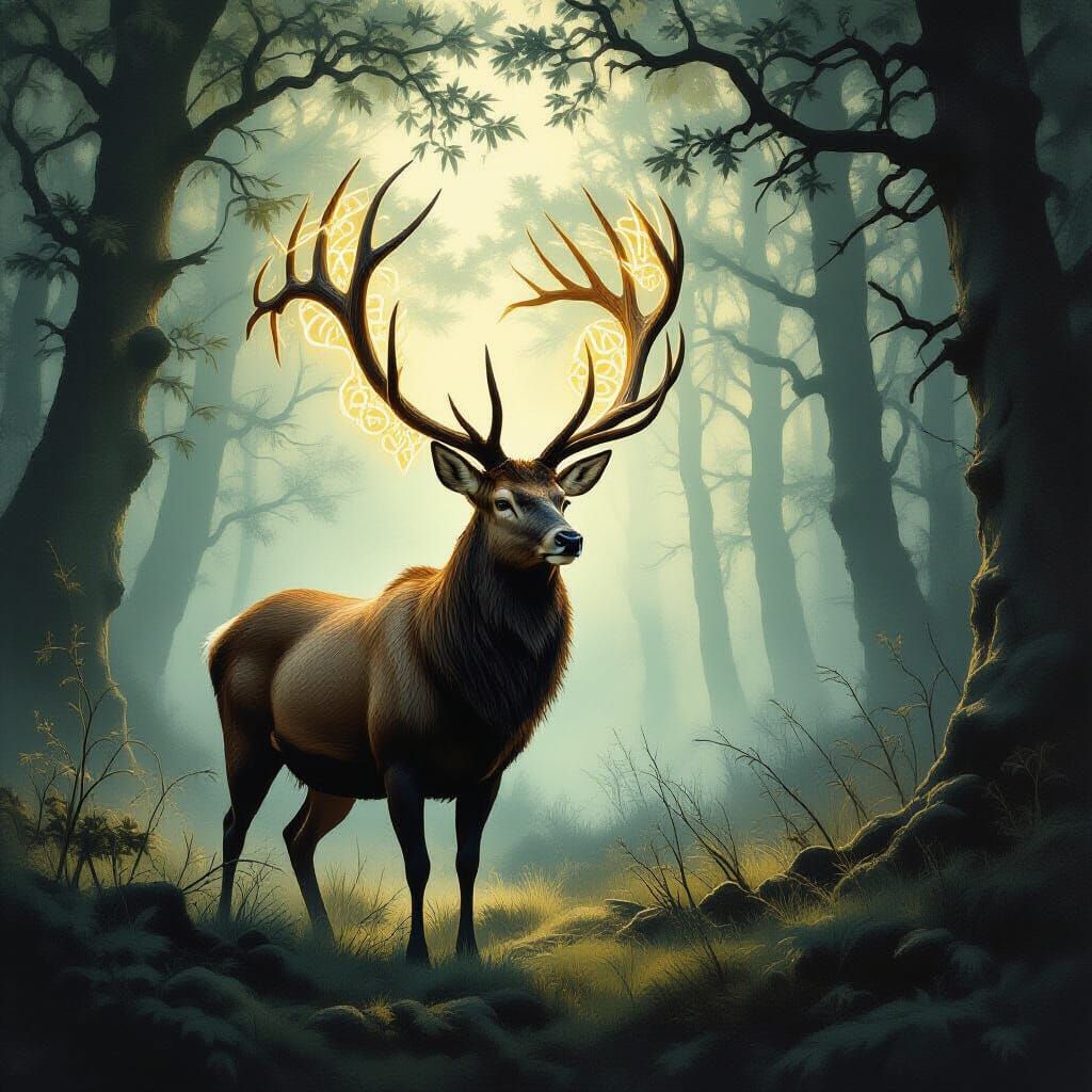Majestic Stag with Glowing Runes in Misty Forest