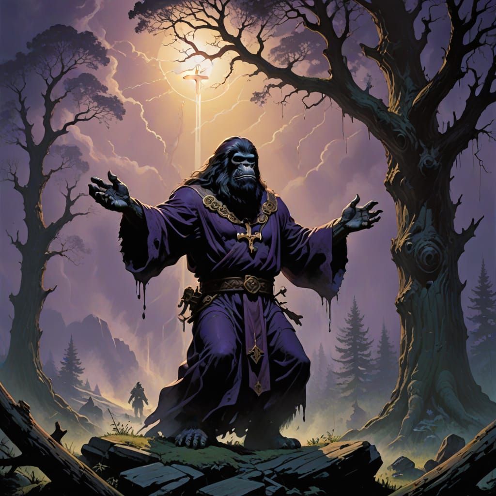 Regal Sasquatch Crucifixion in Frazetta Style