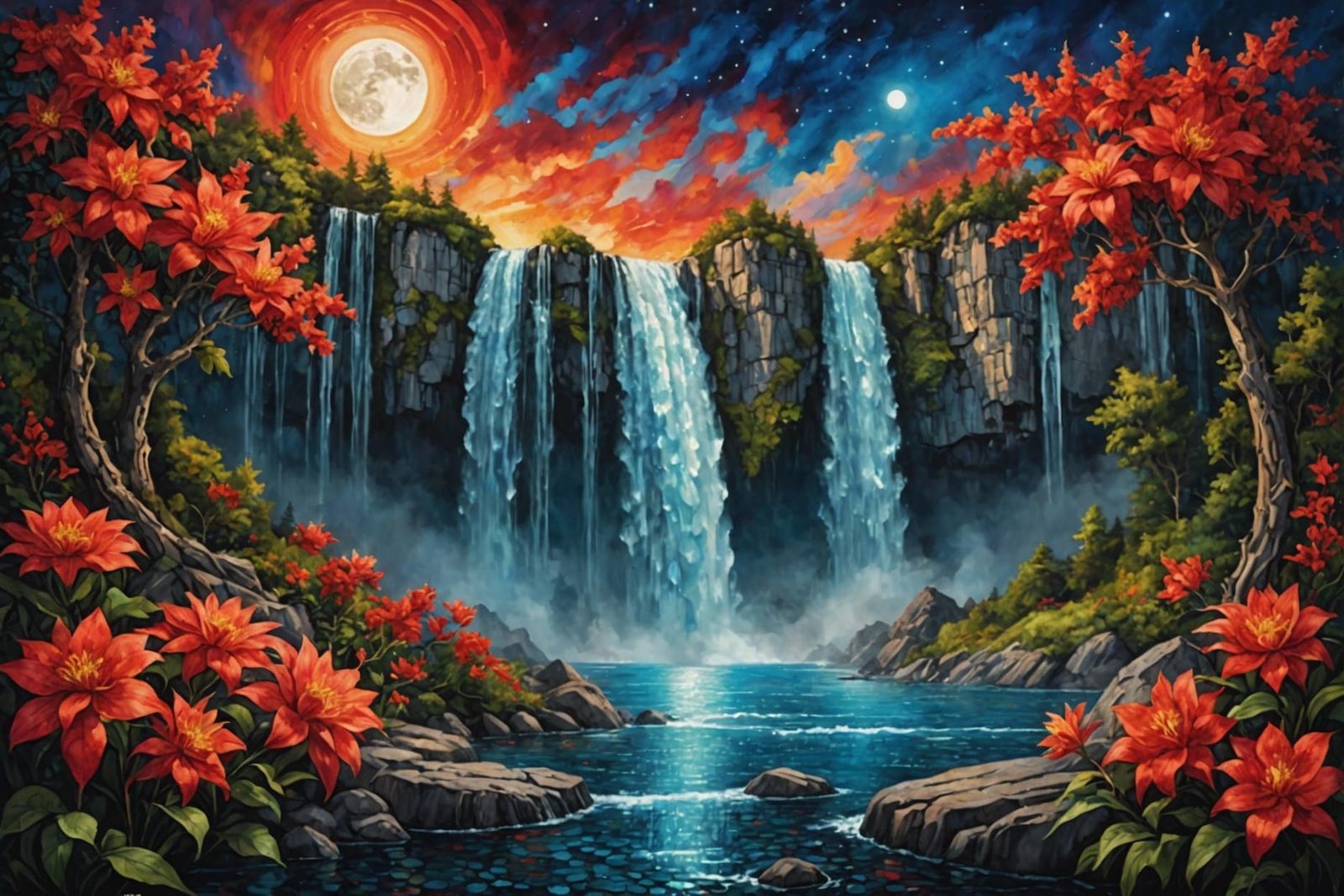 Waterfall Illustration with Red Flowers in Watercolor and Oi...