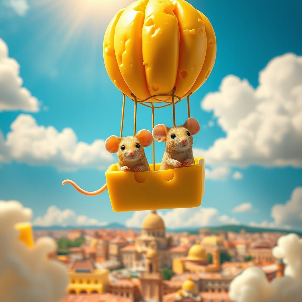 Sweet Mice Soar in Cheese Balloon over Rome in Vibrant Adven...