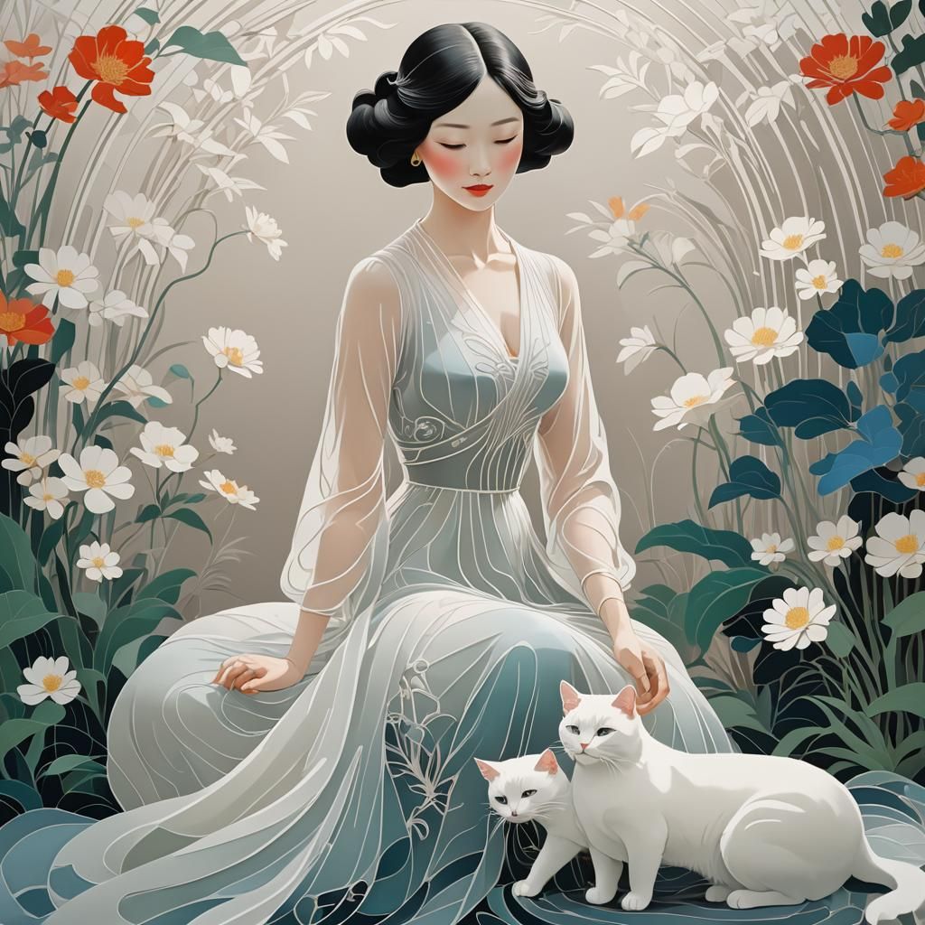 Elegant Lady with Cat in Art Nouveau Style