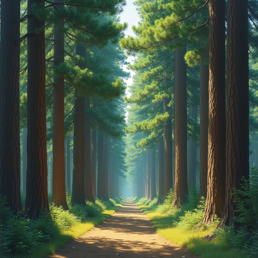 Towering Pine Trees Stand Sentinel in Perfect Line