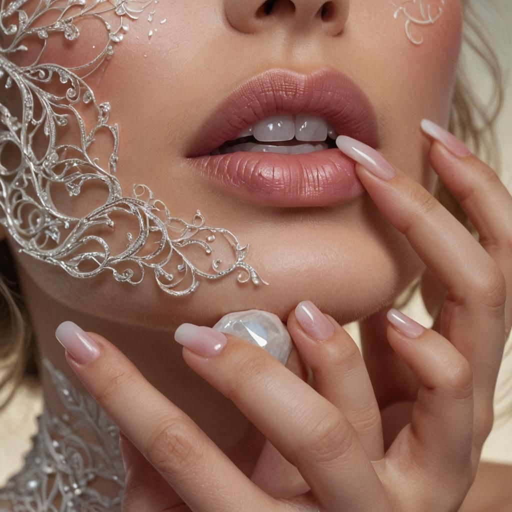 White Ink Stained Lips Holding Gemstone: Digital Art