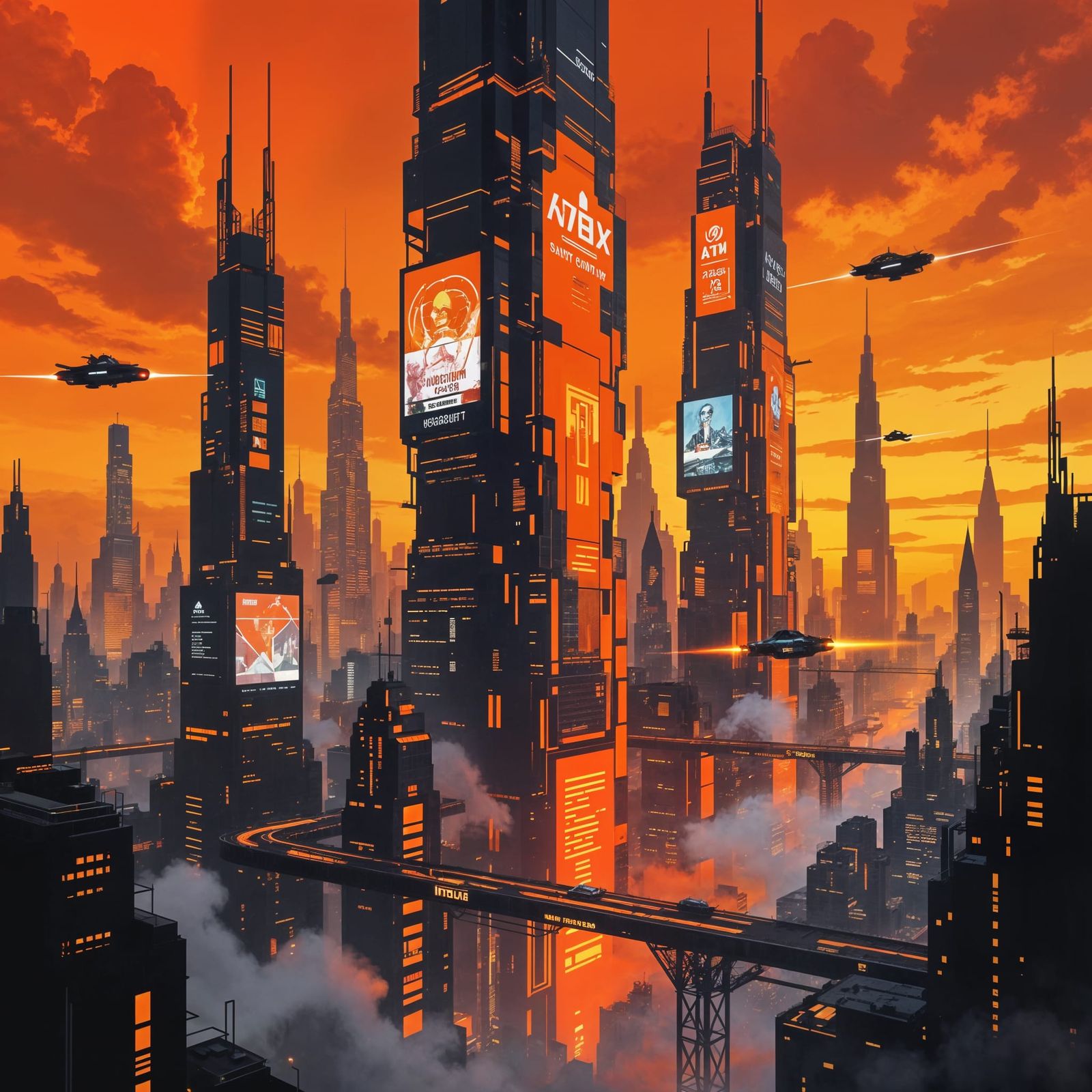 Orange Cyberpunk Cityscape with Palette Knife Texture