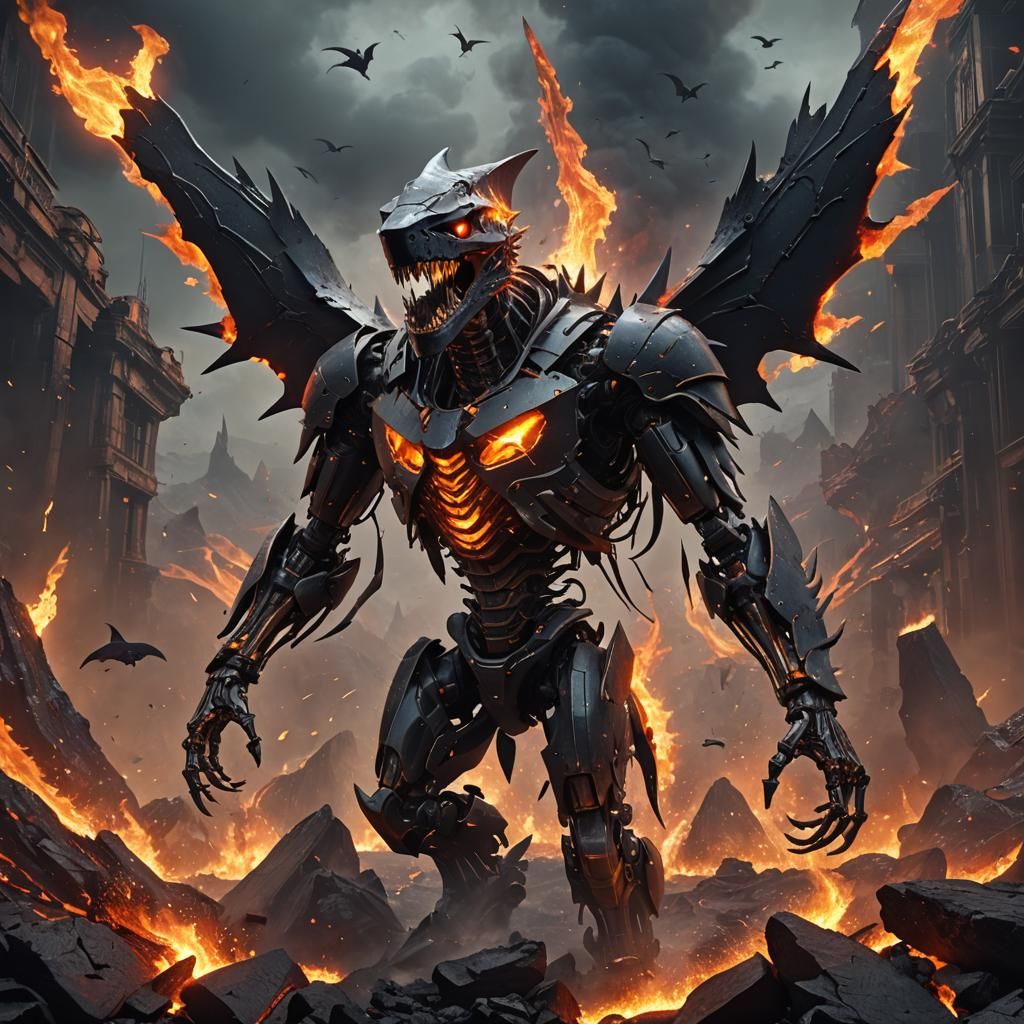 Giant Obsidian Robot Shark Skeleton on Fire