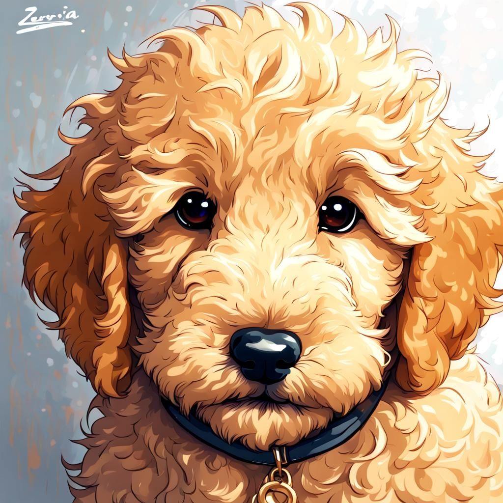 Cute Golden Doodle Puppy Portrait in Anime Style