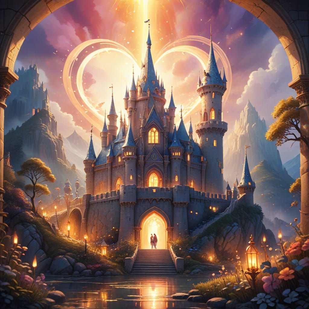 Fantasy Kingdom Inside a Heart in Watercolor Style