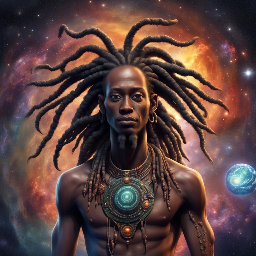 Powerful Alien with Dreadlocks in Cosmic Astral Art