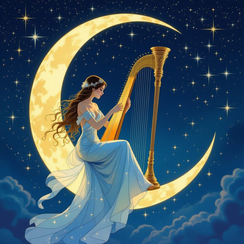 Celestial Harpist on Crescent Moon in Art Nouveau Style