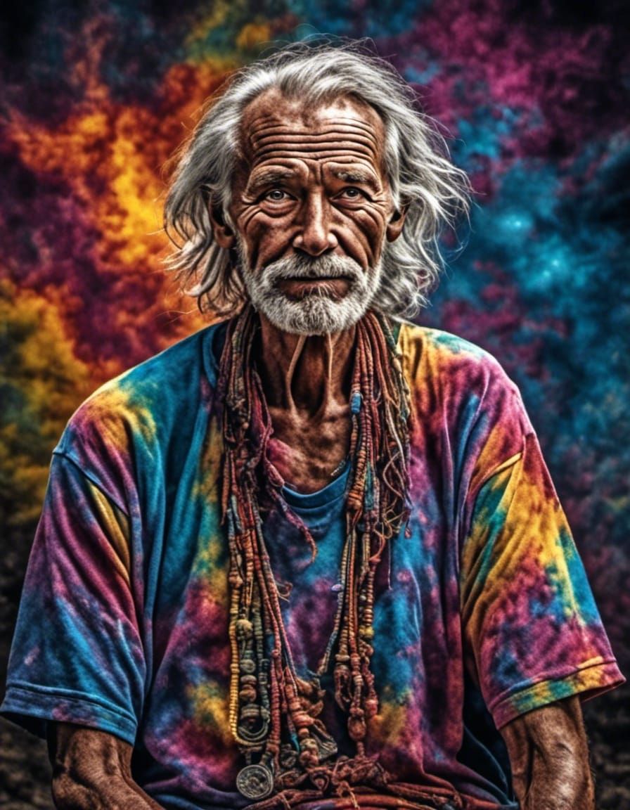 An old Hippy guy wearing a tie dye t shirt