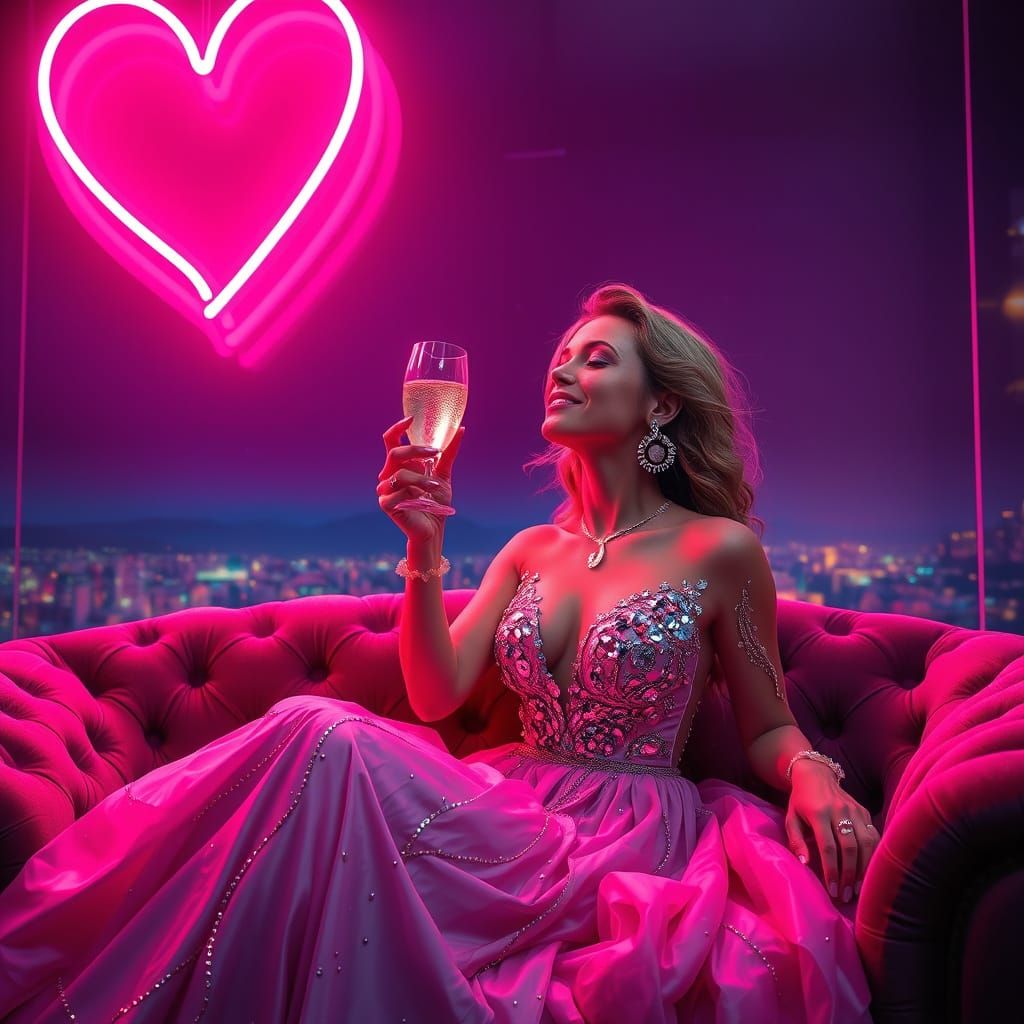 Woman in Lavish Cocktail Dress Sits Under Radiant Pink Neon ...
