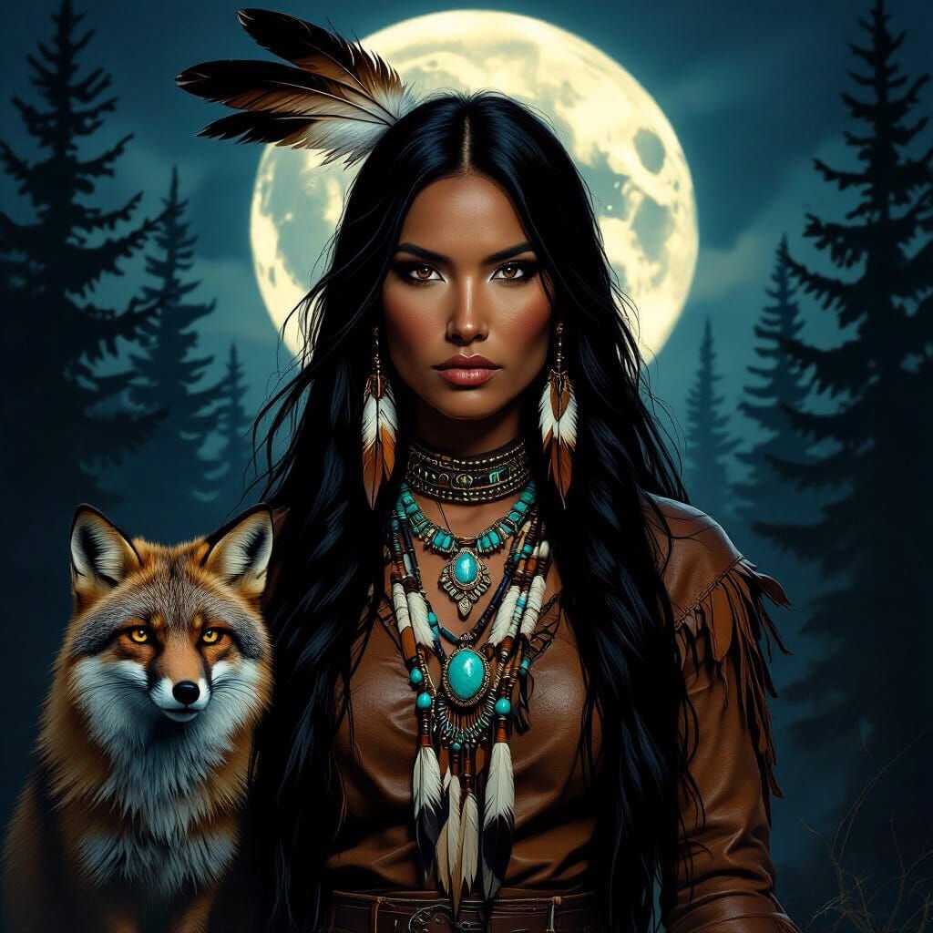 Native American Shaman Silhouette with Fox and Forest