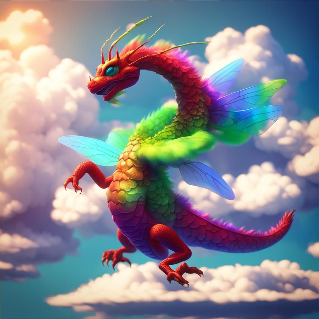 Cute Japanese Dragon Flying in Colorful Clouds