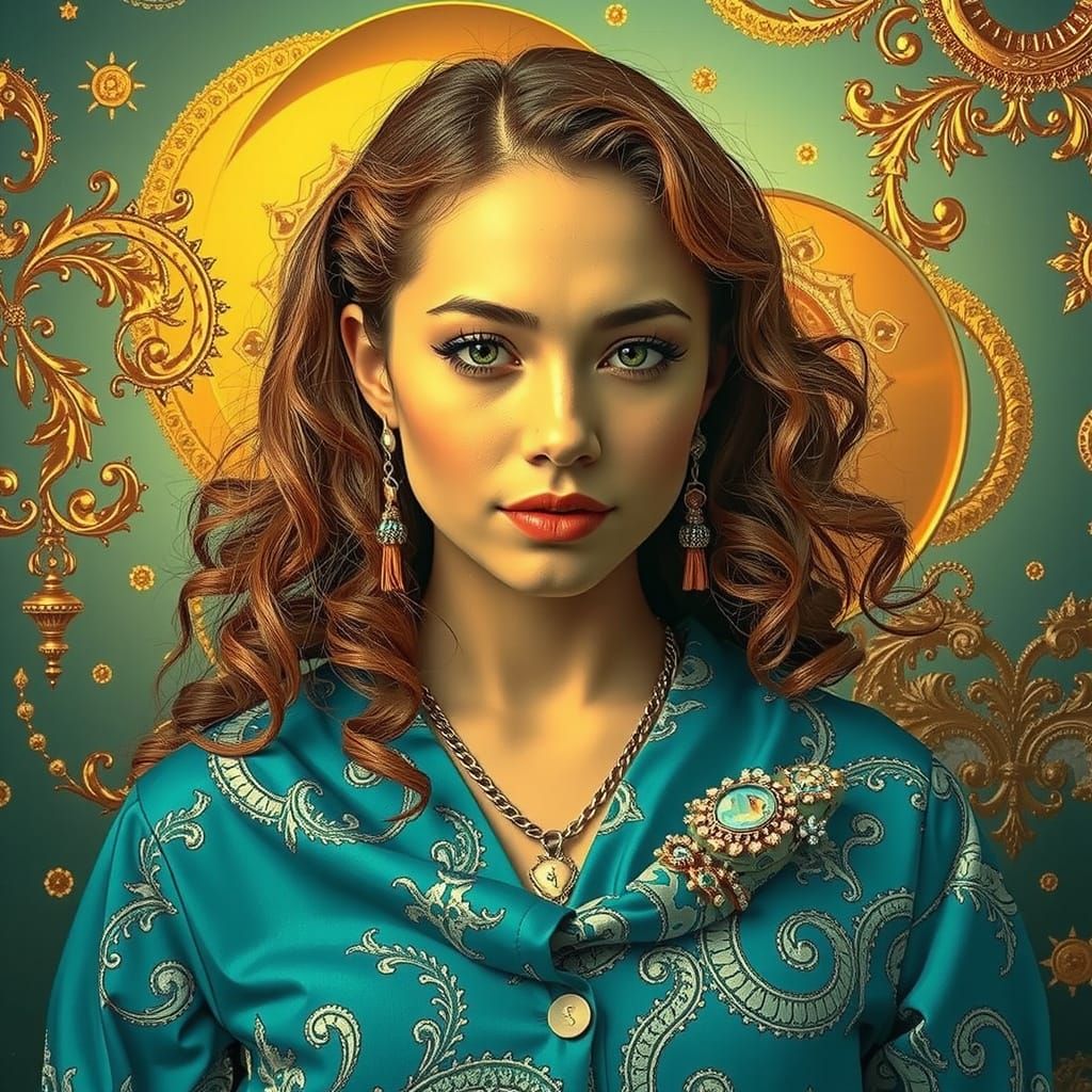 Elegant Woman in a Maximalist Psychedelic Dreamscape