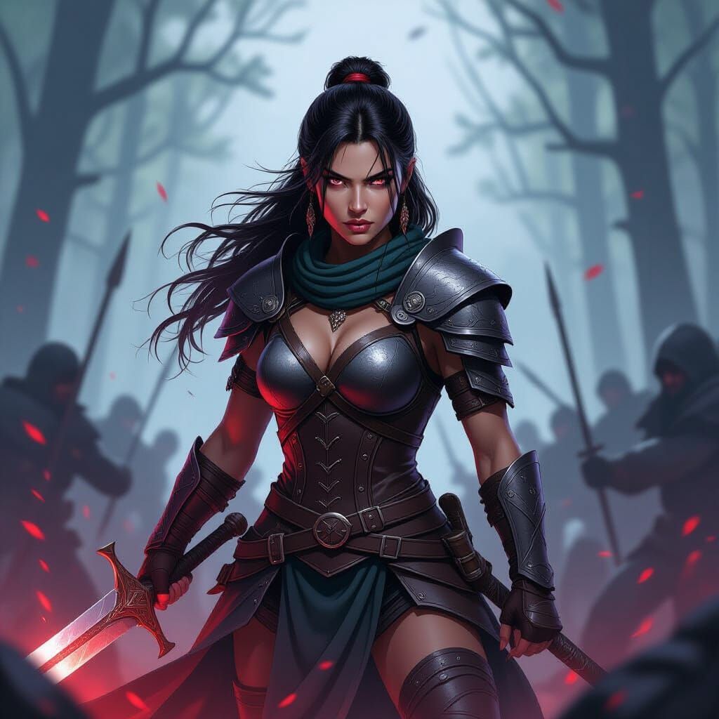 Warrior Woman on Battlefield in Digital Ink Style