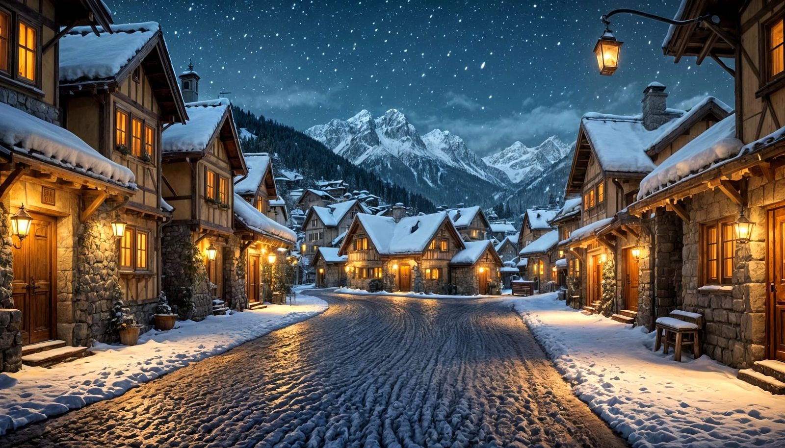 Snowy Alpine Village Aglow with Lanterns at Night