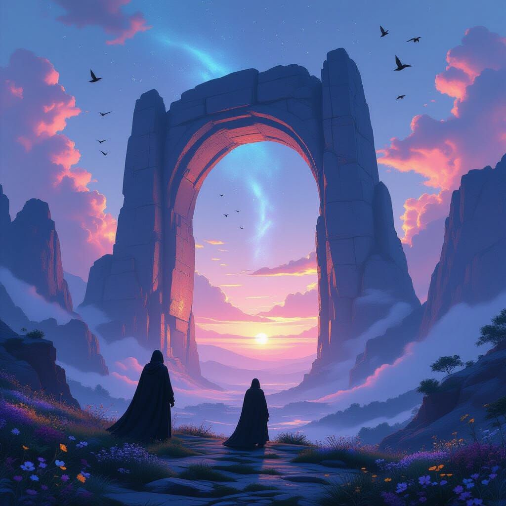 Figure at Crystalline Archway Overlooking Nebula Valley