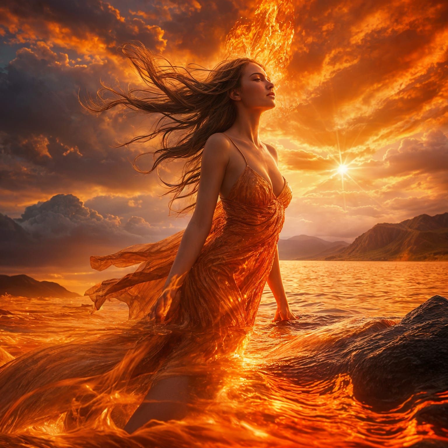 Goddess Swimming in Lava with Divine Sunshine