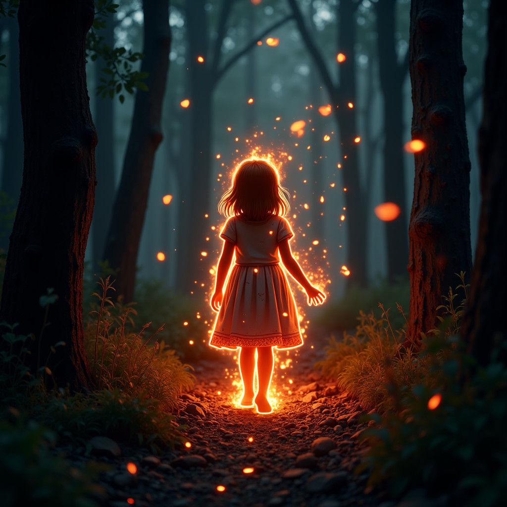 Ethereal Girl of Fire Wanders Dark Forest