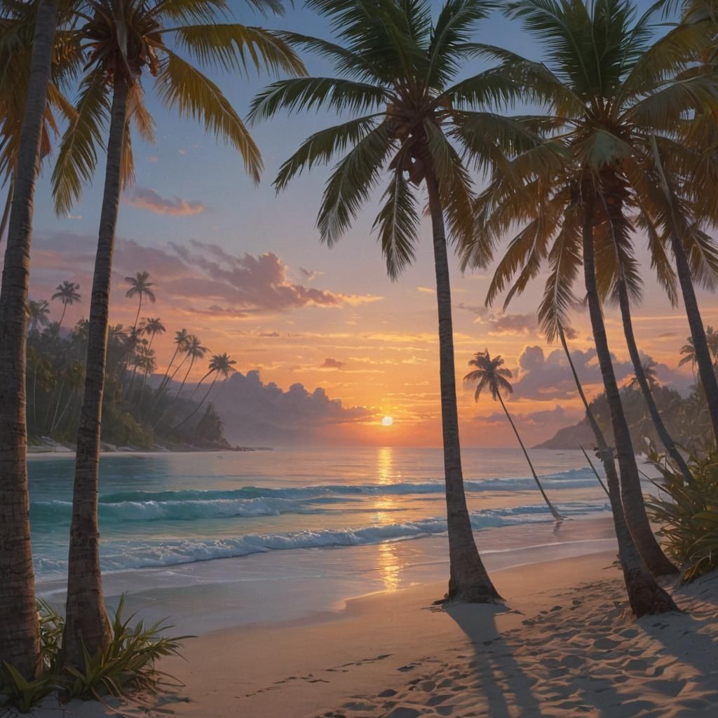 Vibrant Sunset Over Serene Beach With Palm Trees