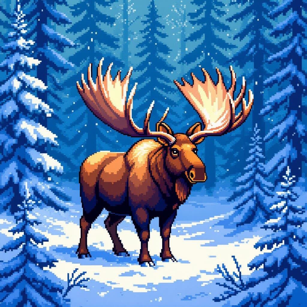 Pixel Art Moose in Snowy Forest, 16-Bit Style
