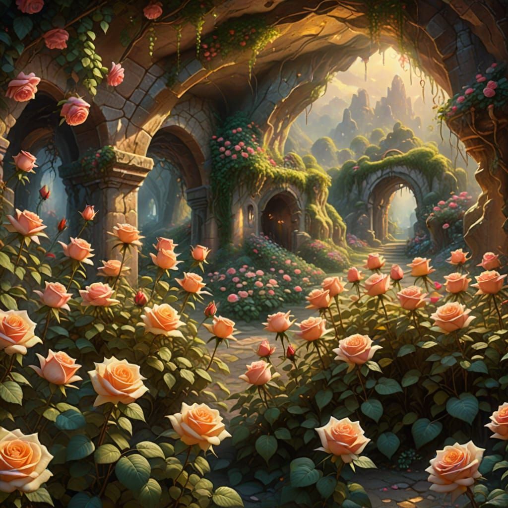 Enchanting Rose Garden Cave in Oil Painting Style