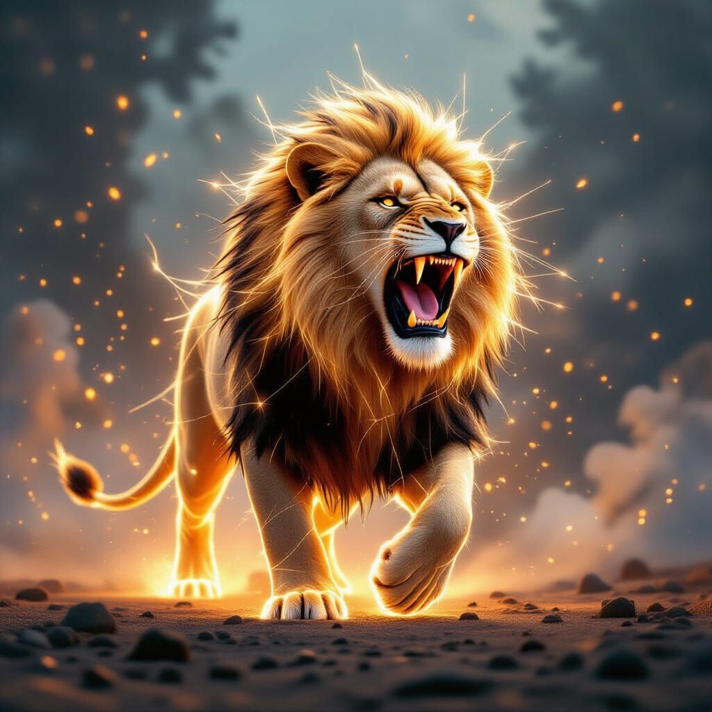 Glowing Spider-Web Lion Roaring with Explosive Light