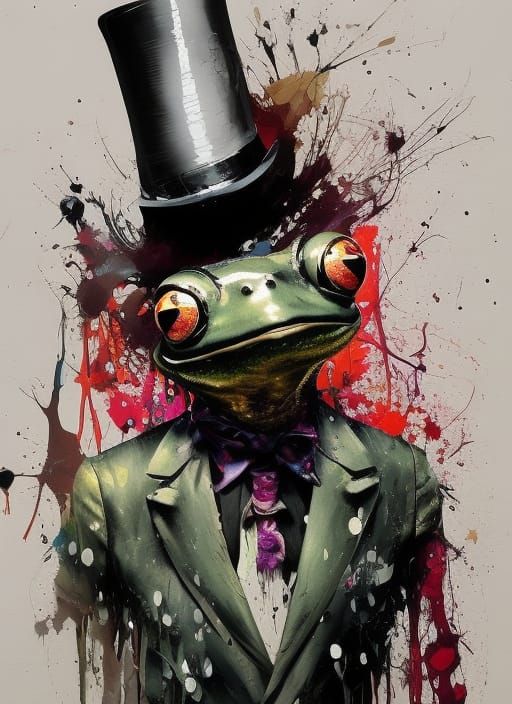 Gentleman Frog in Top Hat: Expressive Drip Painting