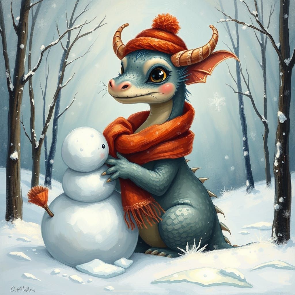 Winter Dragon Builds Majestic Snowman in Serene Forest Lands...