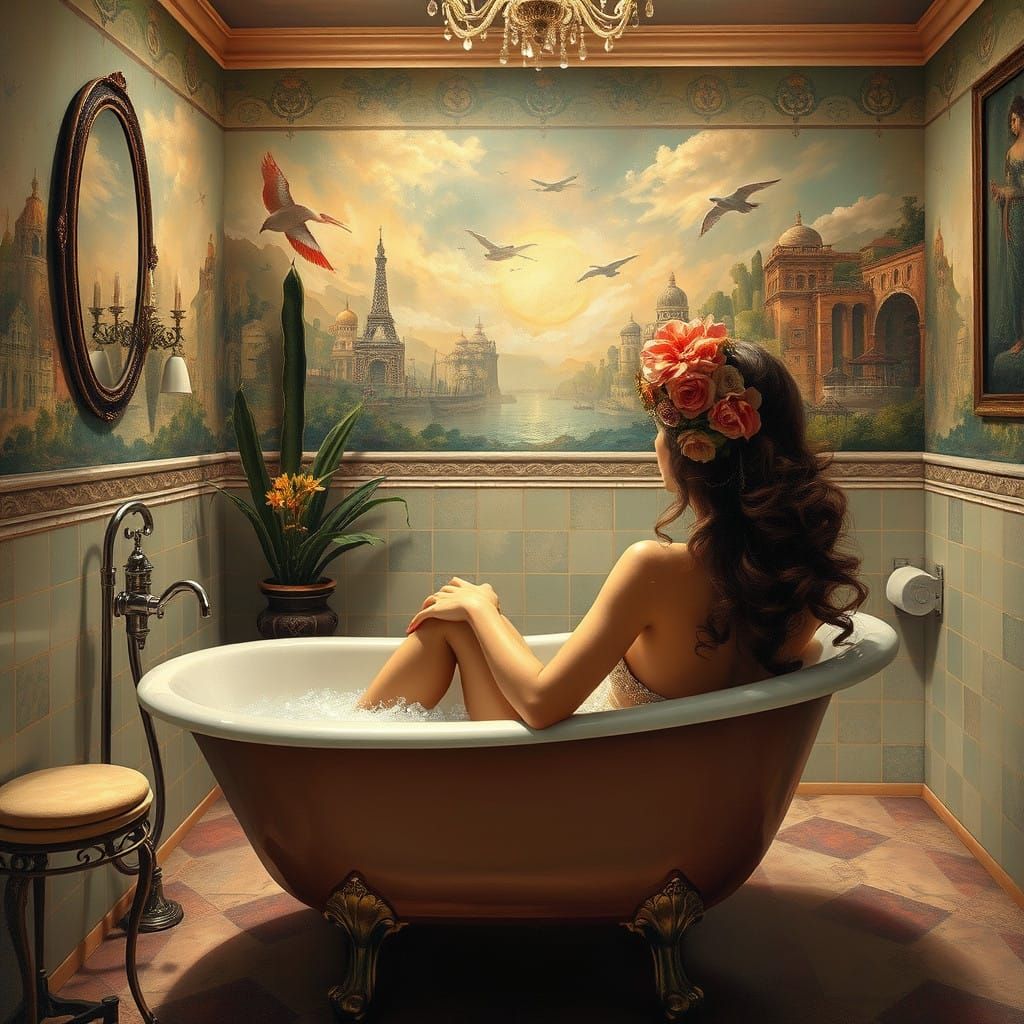 Surreal Steampunk Bathroom Scene in 1950s Painting Style