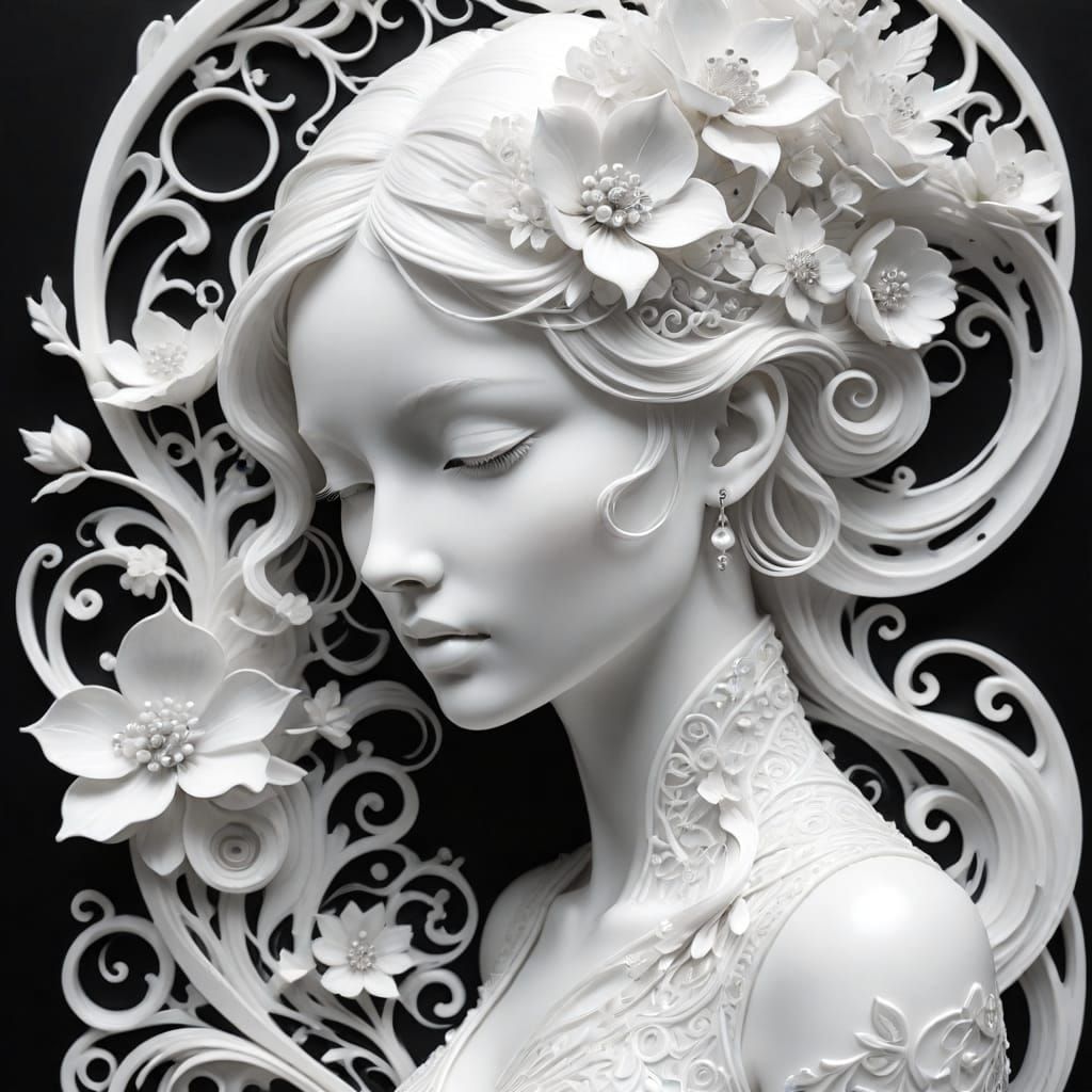 Ethereal Alabaster Woman with Black Filigree