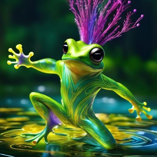 Neon Frog's Dance on Pond, Whimsical Illustration