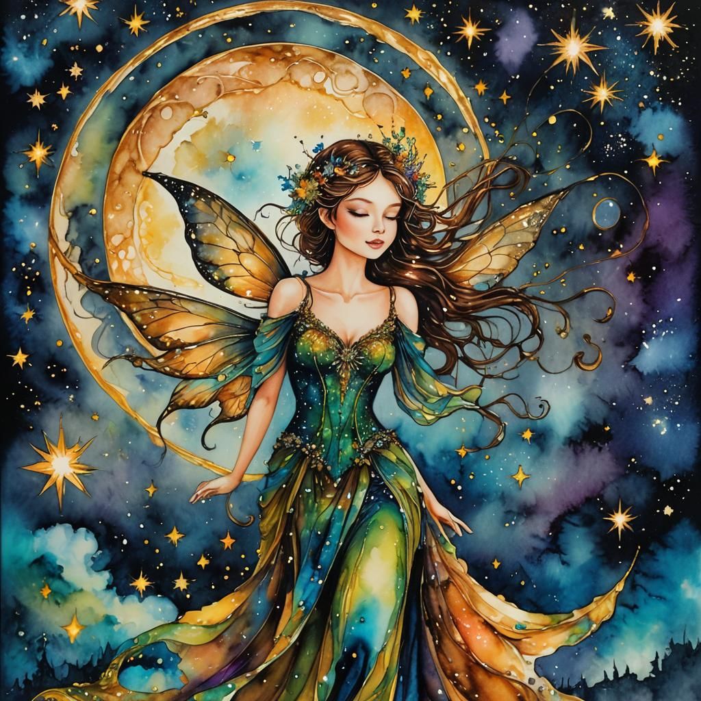Night Fairy on the Moon in Alcohol Inks