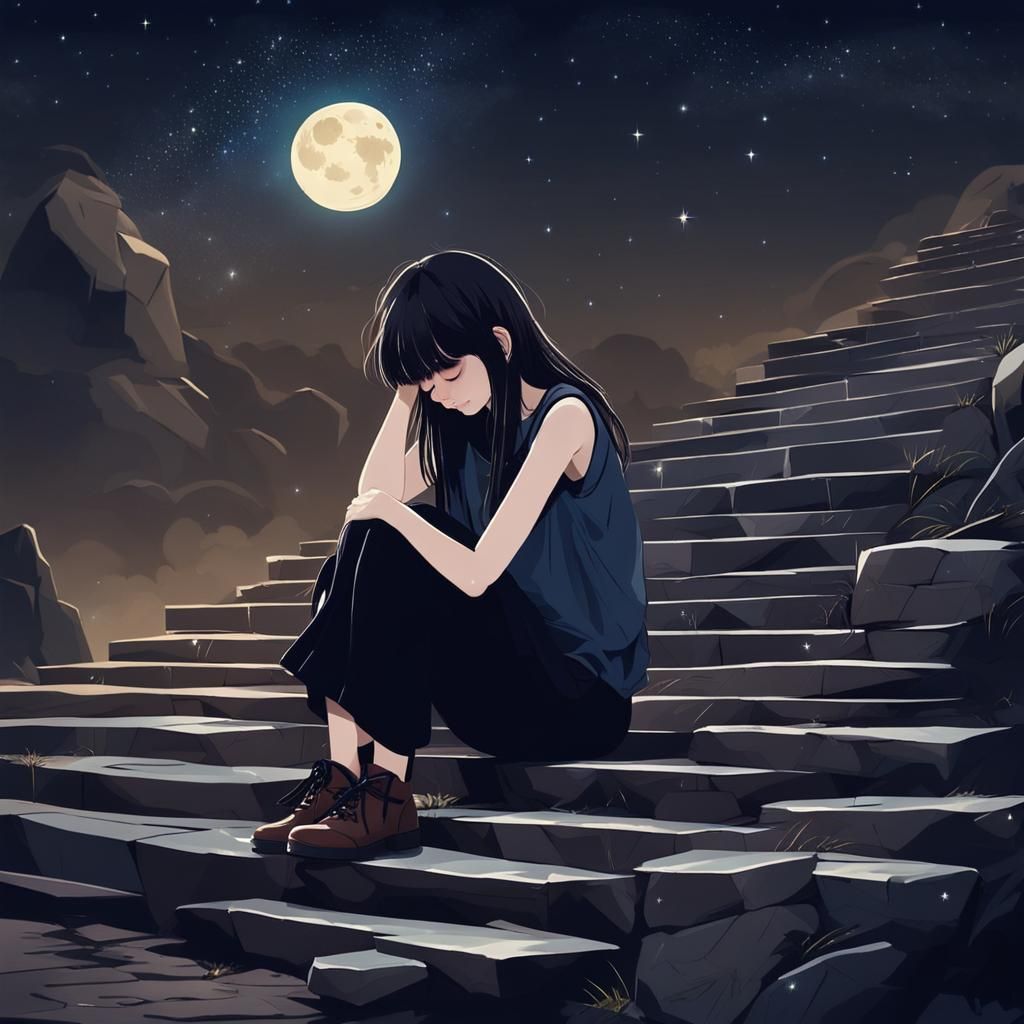 Sad Girl Crying Under Starry Moonlit Sky