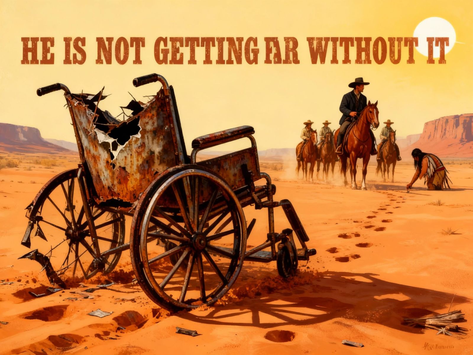 Vintage Desert Poster: Abandoned Wheelchair & Cowboy Posse