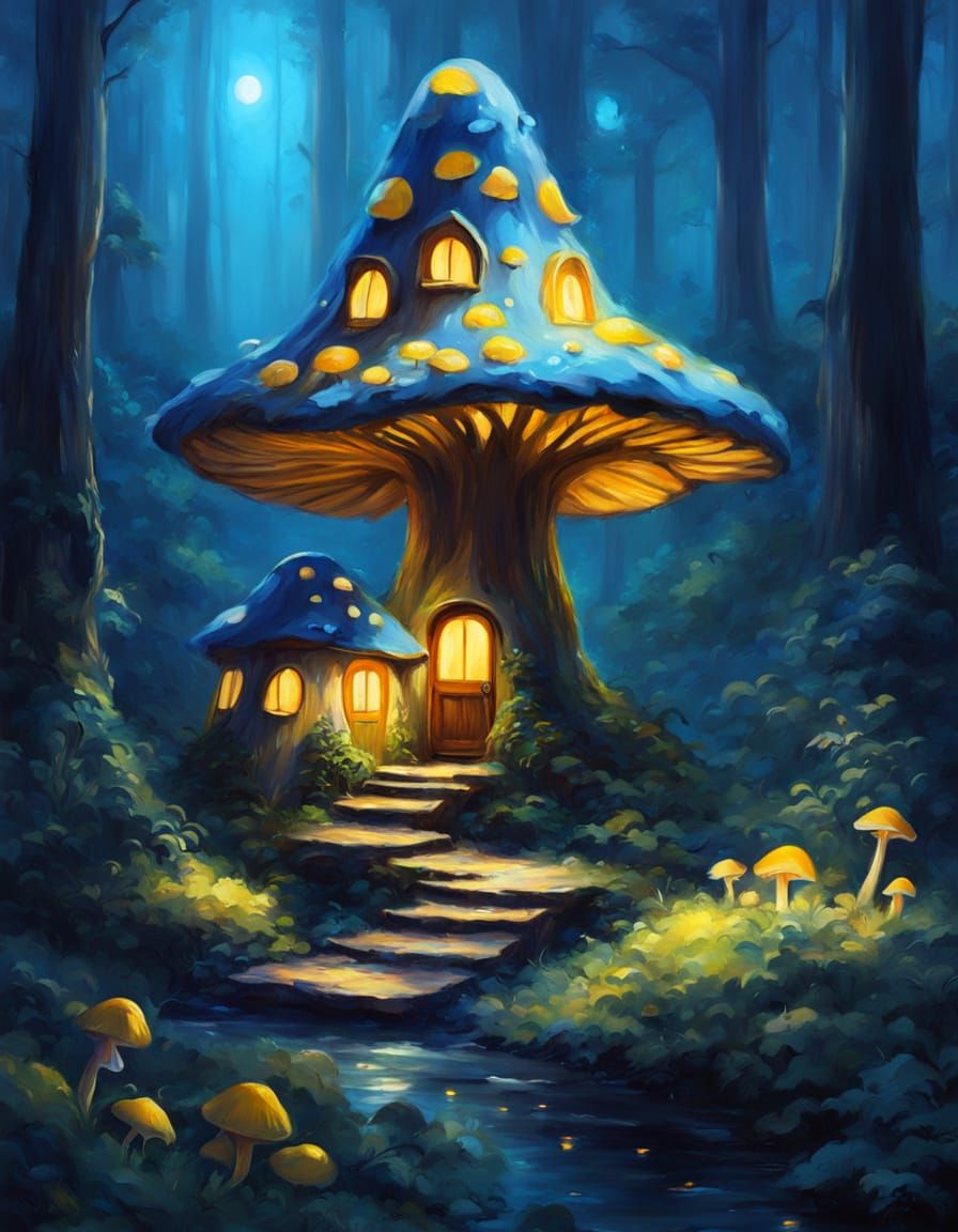 Enchanted Mushroom House in Vibrant Oil Painting