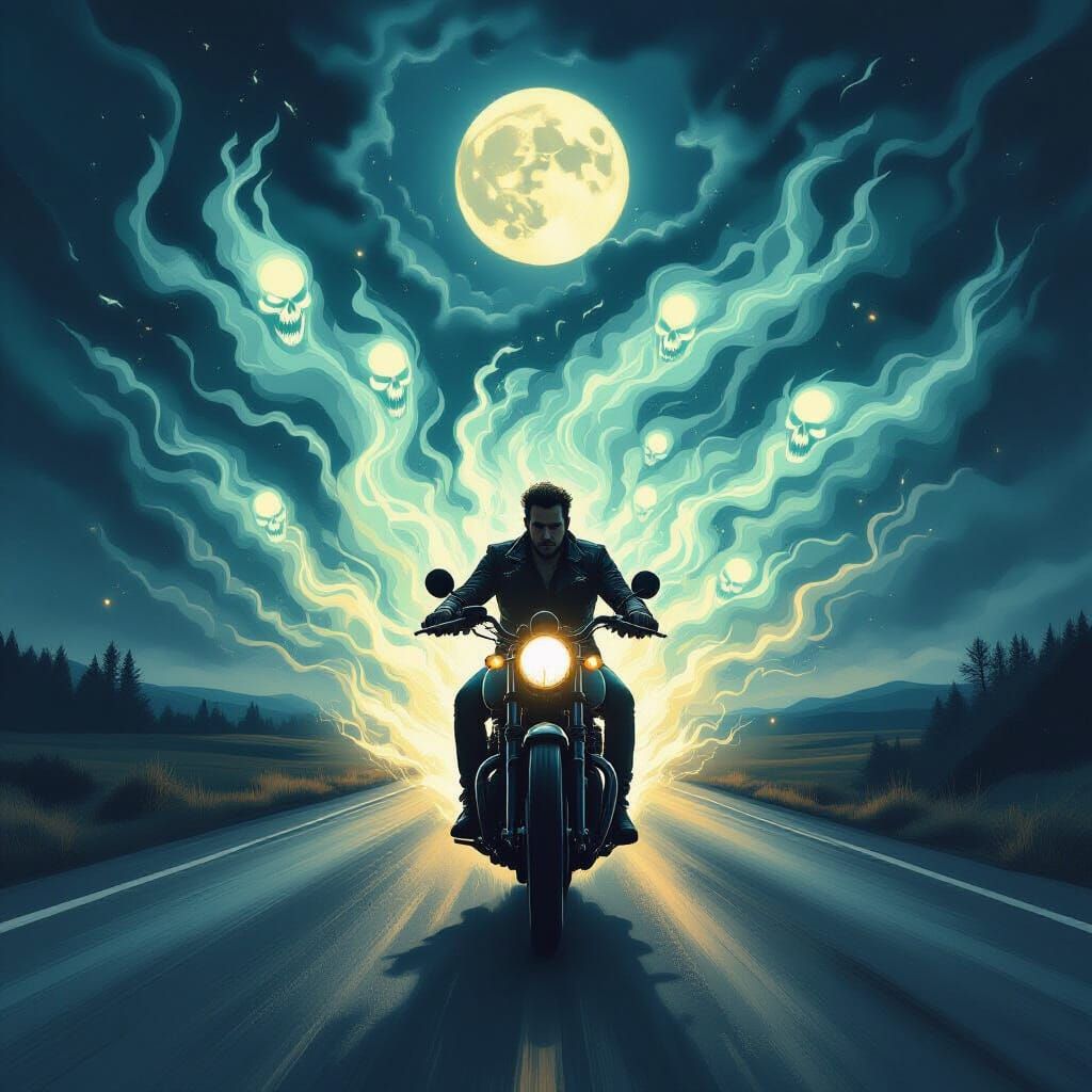 Motorcycle Rider and Ethereal Spirits in Noir Style