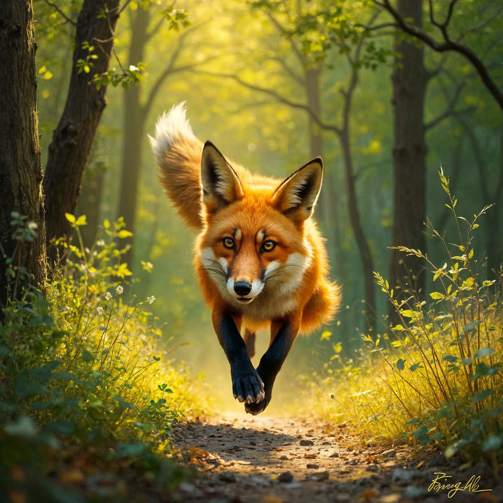 Classical Painting of Fox in Forest at Dusk
