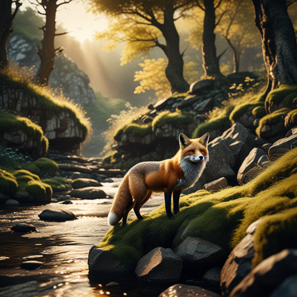 "Photorealistic, fox girl with a large fluffy tail, kneeling...