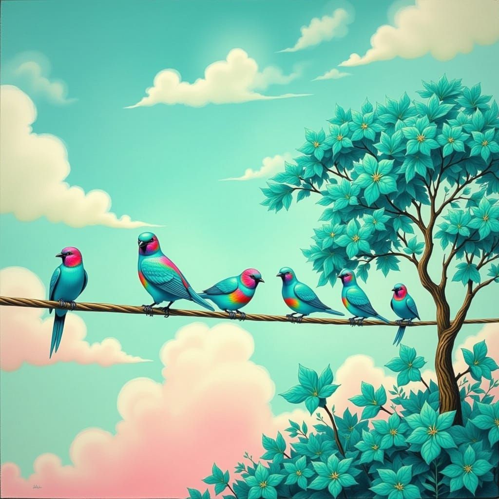 Turquoise Birds on Telegraph Wire in Surrealist Style
