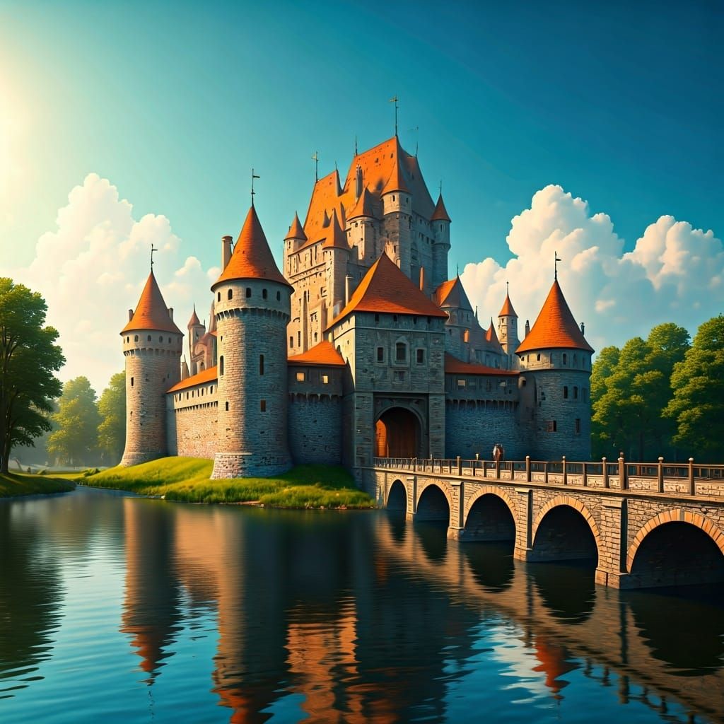 Medieval Castle with Sunlit Forest and Lake
