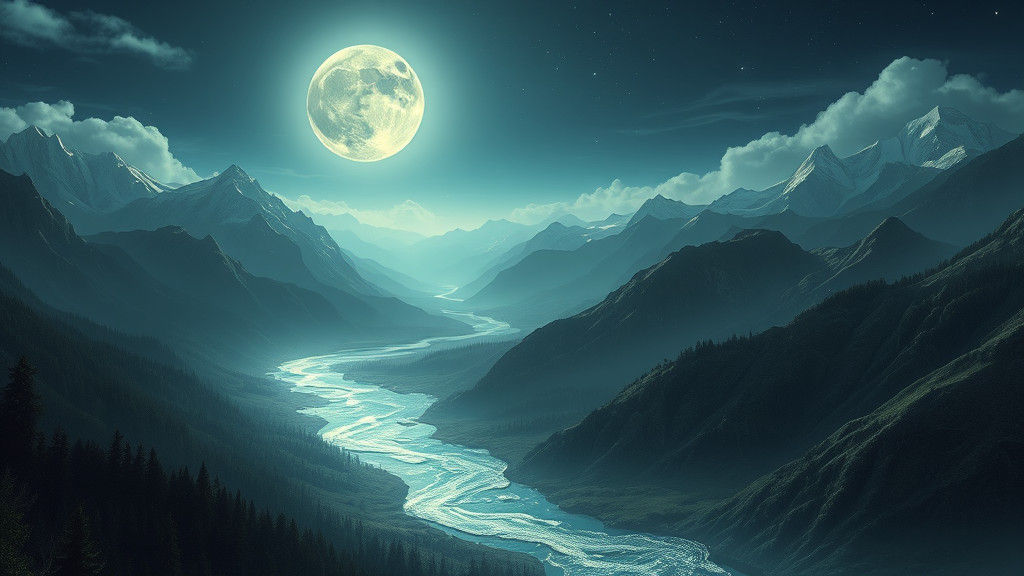 Moonlit Celestial River in Mystical Landscape