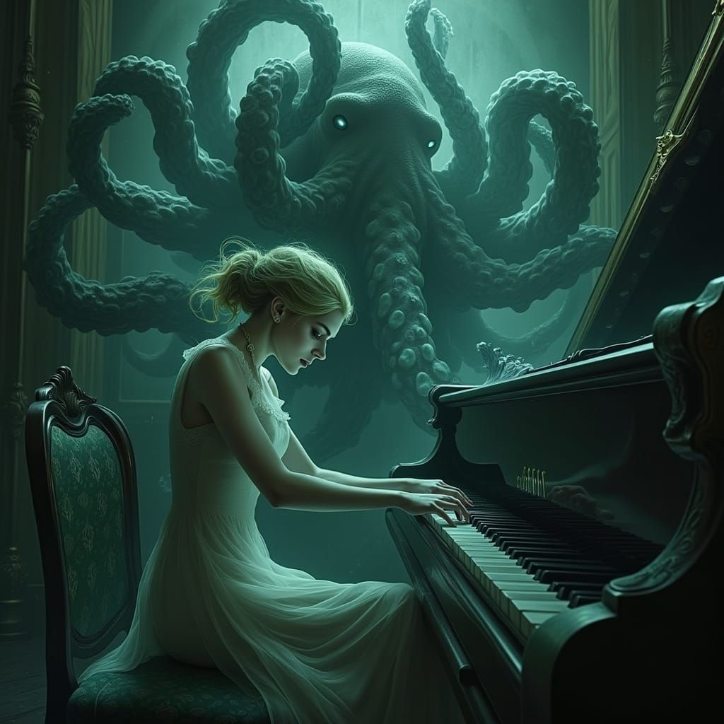 Woman Lost in Haunted Melody, Digital Art with Octopus