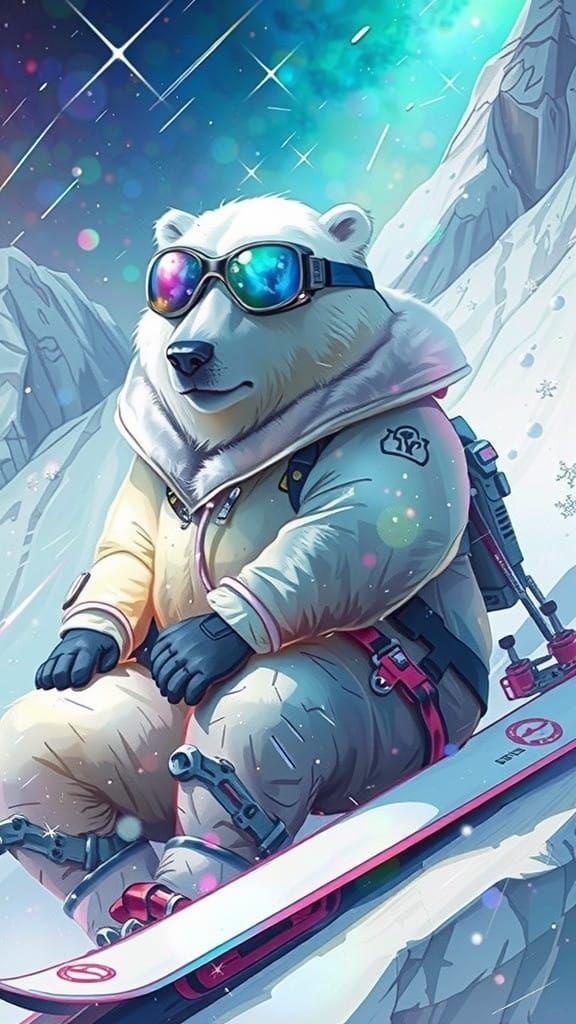 Anthropomorphic Polar Bear Skier in Galaxy Frost Landscape